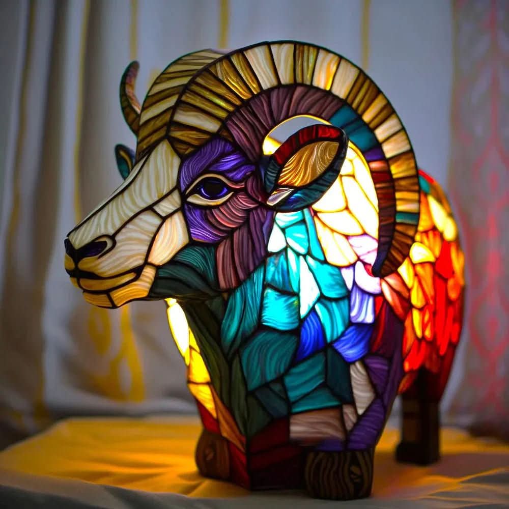 Art Nouveau Stained Glass Table Lamp — Animal Silhouettes, Warm Ambient Glow, Plug-In Design, Multicolor