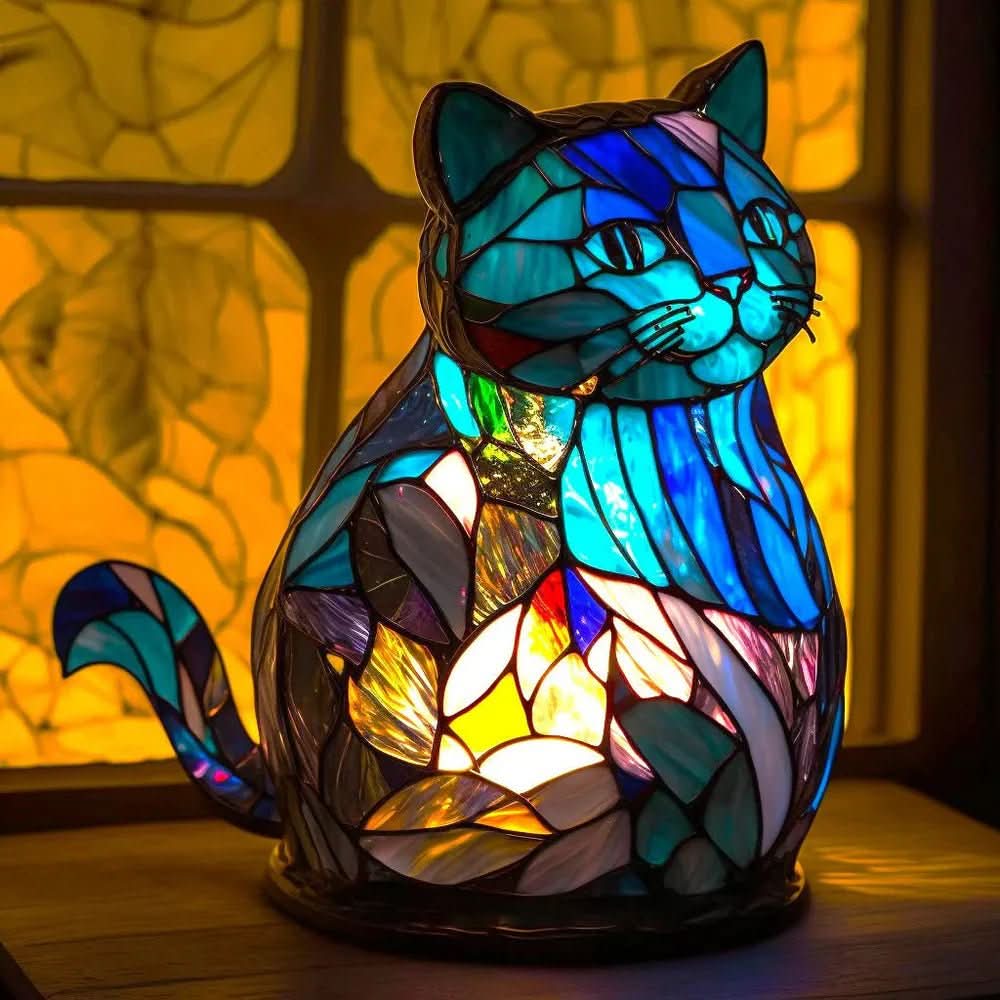 Art Nouveau Stained Glass Table Lamp — Animal Silhouettes, Warm Ambient Glow, Plug-In Design, Multicolor