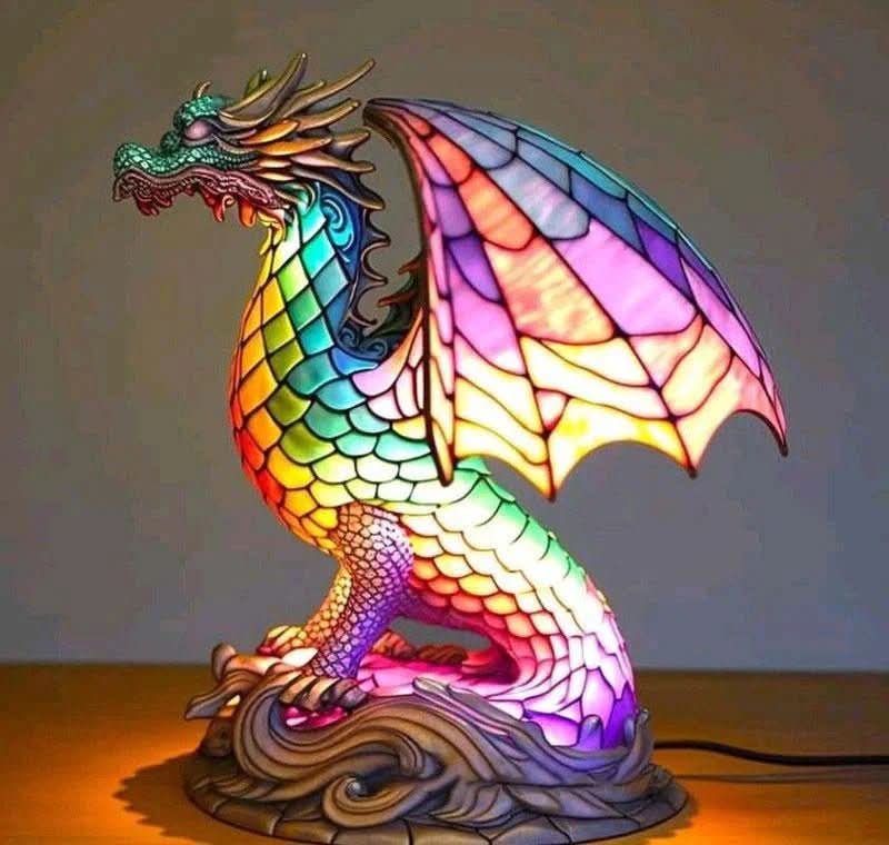 Art Nouveau Stained Glass Table Lamp — Animal Silhouettes, Warm Ambient Glow, Plug-In Design, Multicolor