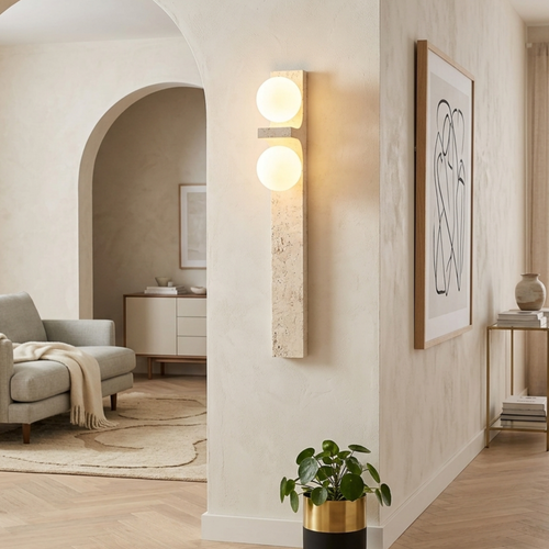 Asymetrické LED nástěnné světlo v žlutém travertinu pro teplé světlo