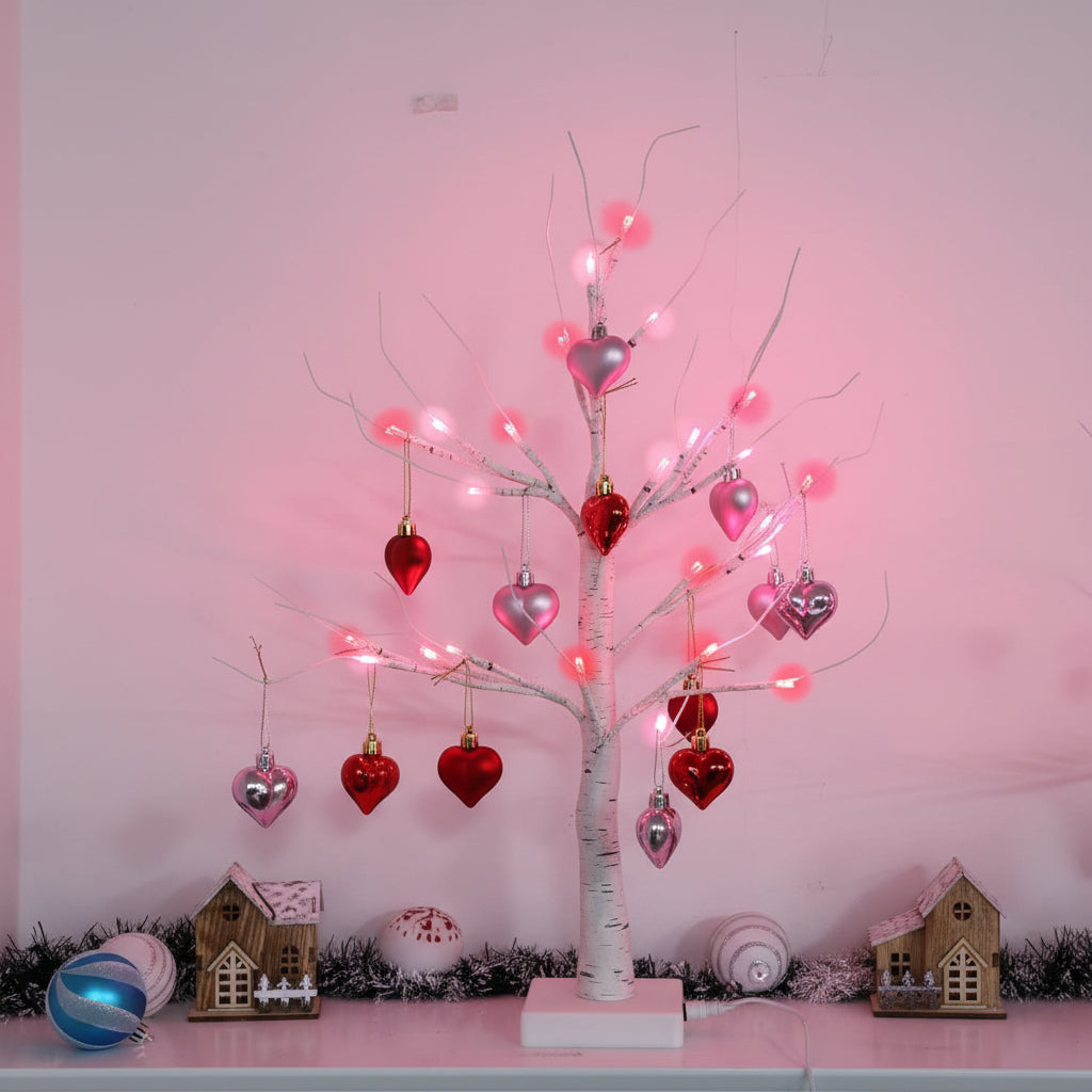 Lampe de table LED en forme de cœur avec arbre en bouleau, décoration intérieure pour la Saint-Valentin | Meowbutter