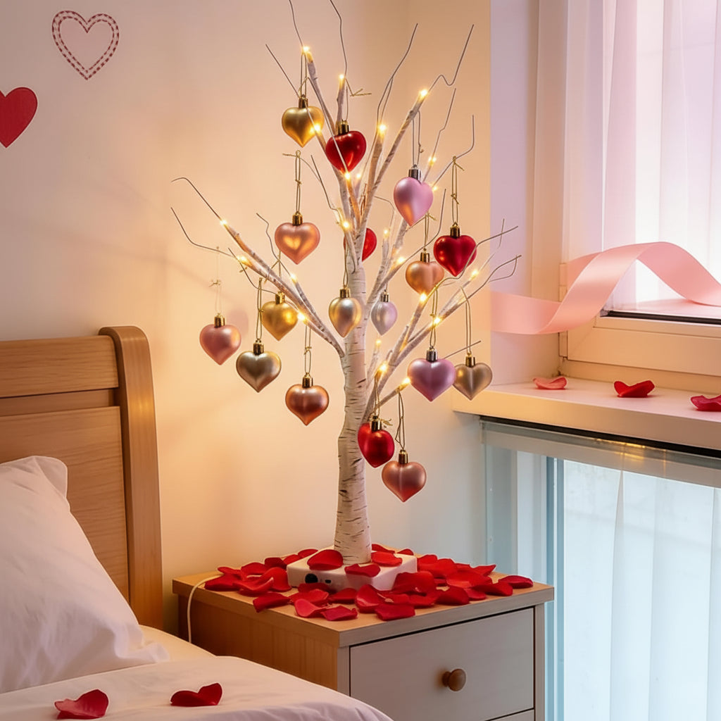 Lampe de table LED en forme de cœur avec arbre en bouleau, décoration intérieure pour la Saint-Valentin | Meowbutter