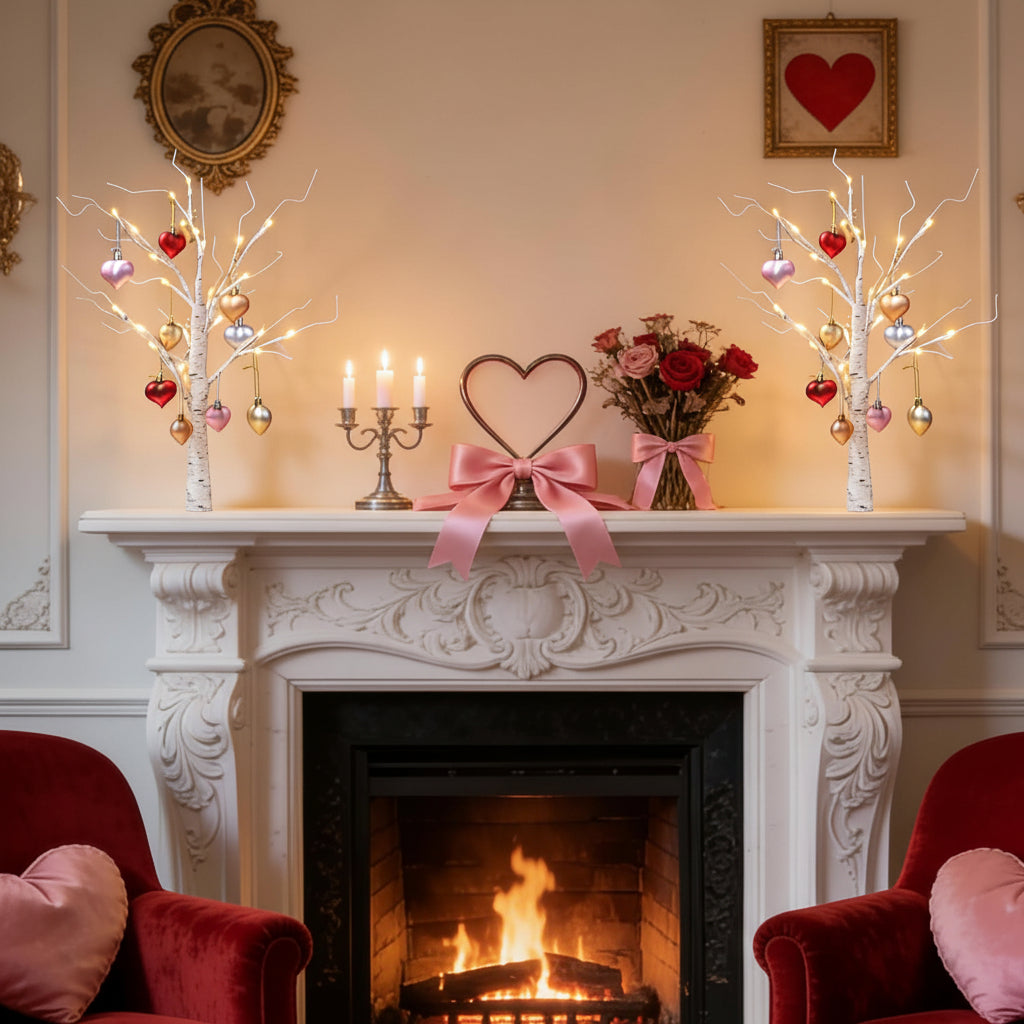 Lampe de table LED en forme de cœur avec arbre en bouleau, décoration intérieure pour la Saint-Valentin | Meowbutter