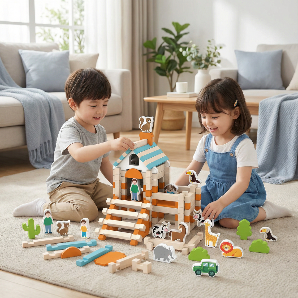 Montessori Wooden Blocks Playset — 12x8x4 Inch Interlocking Shapes, 2.2 lbs