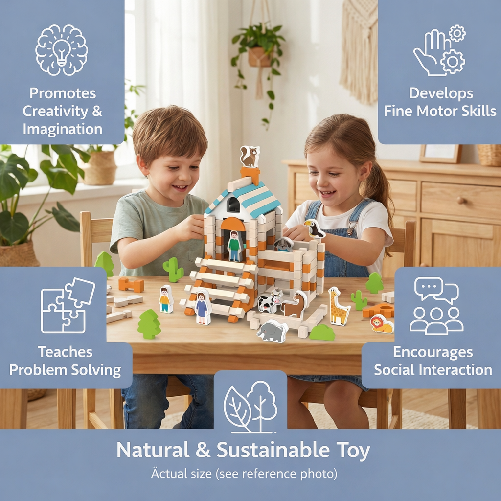 Montessori Wooden Blocks Playset — 12x8x4 Inch Interlocking Shapes, 2.2 lbs