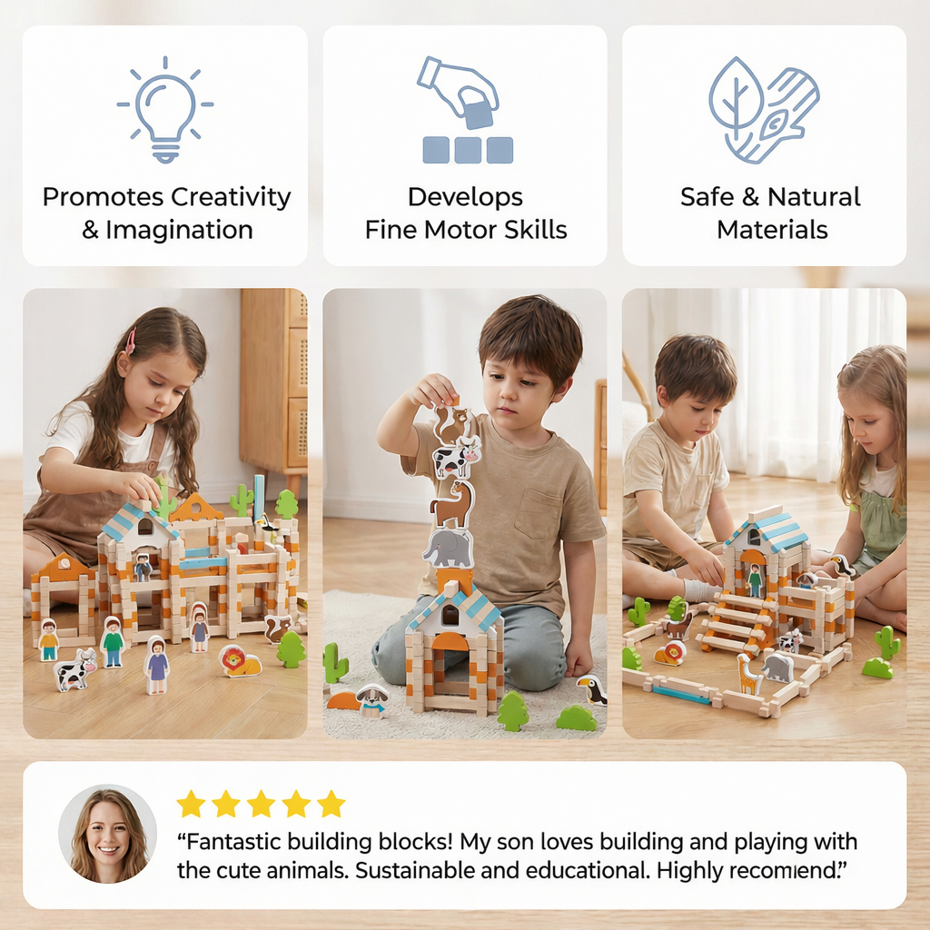 Montessori Wooden Blocks Playset — 12x8x4 Inch Interlocking Shapes, 2.2 lbs