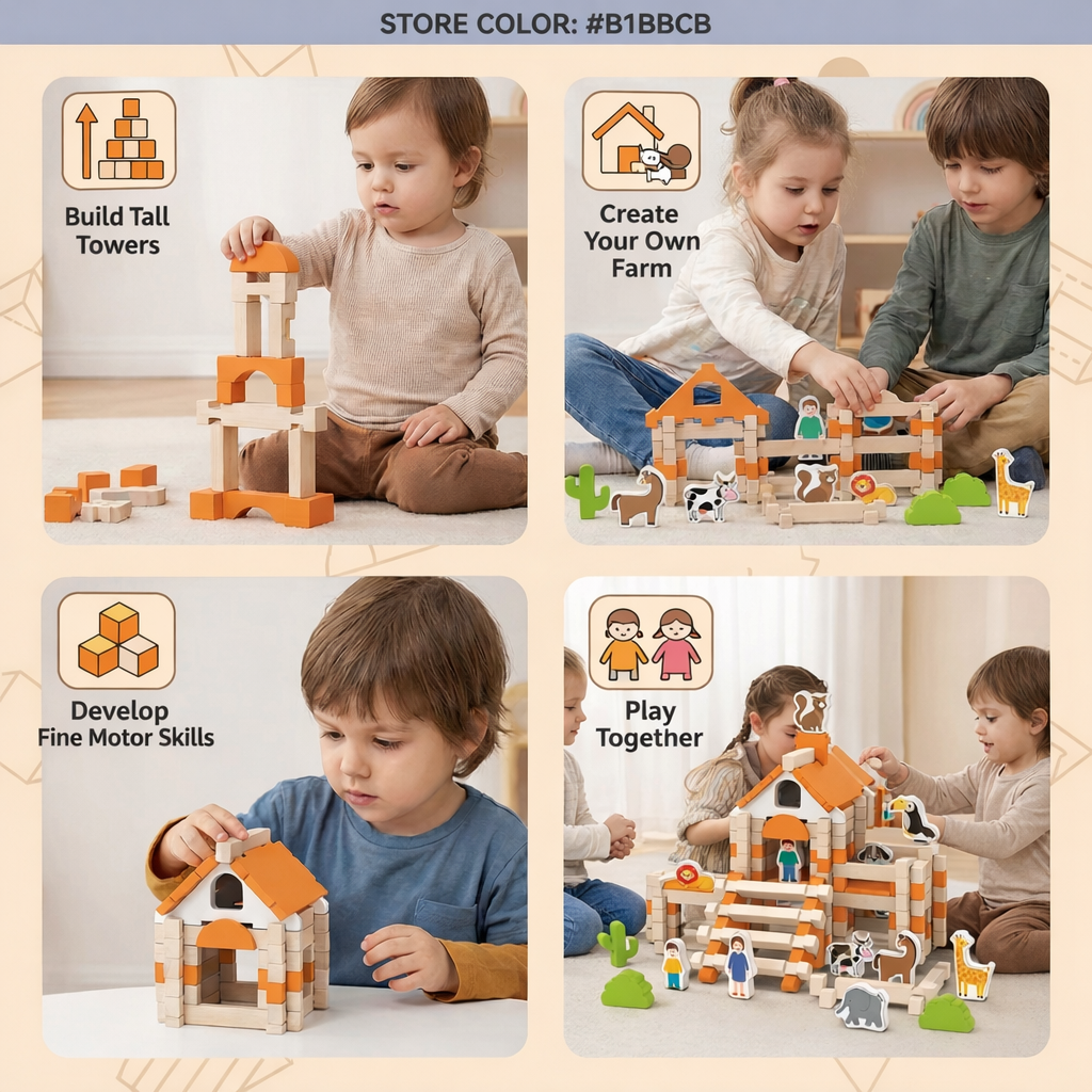 Montessori Wooden Blocks Playset — 12x8x4 Inch Interlocking Shapes, 2.2 lbs