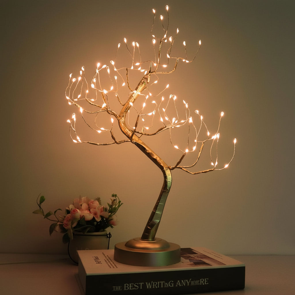 盆景树台灯——温暖琥珀色 LED 光，雕塑感树枝设计