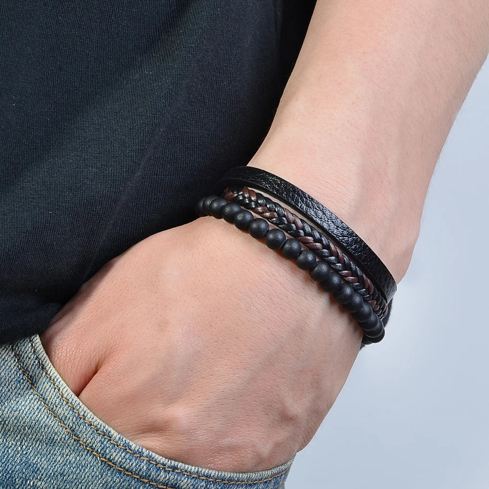 Mindfulness Stone Bead Bracelet — Genuine Tumbled Stones, Flexible PU Leather, Zinc Alloy