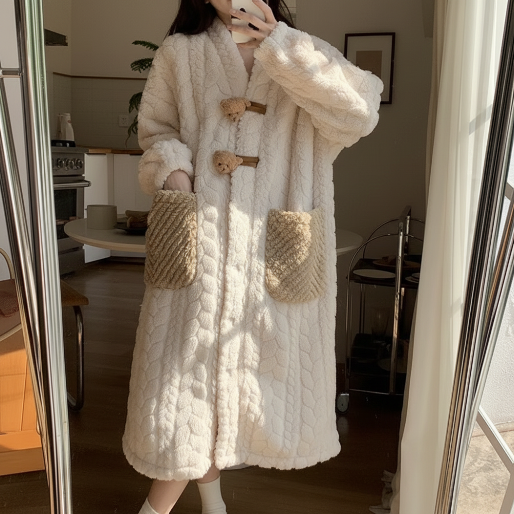 女士长袖连帽浴袍 — 保暖宽松版型浴袍