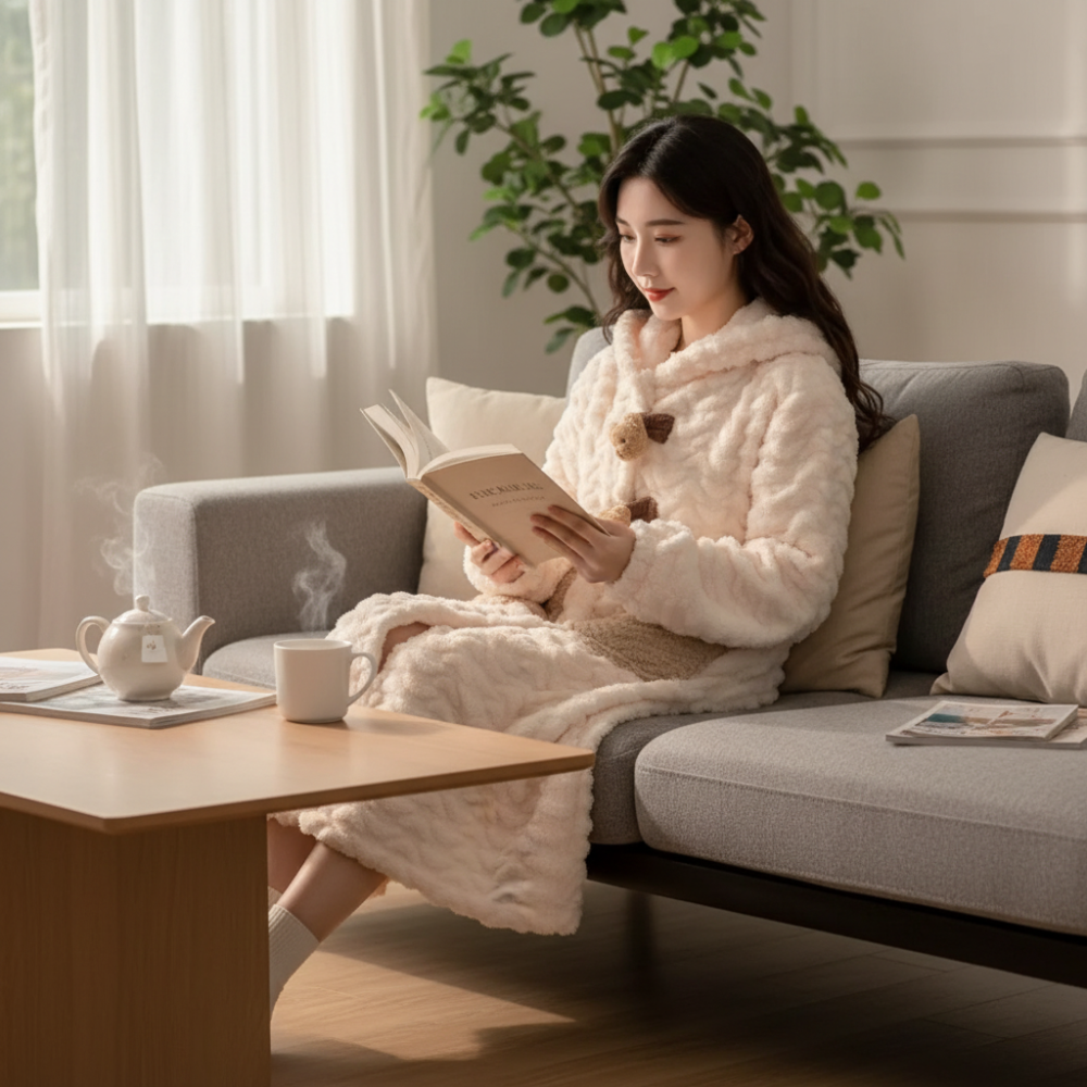 女士长袖连帽浴袍 — 保暖宽松版型浴袍