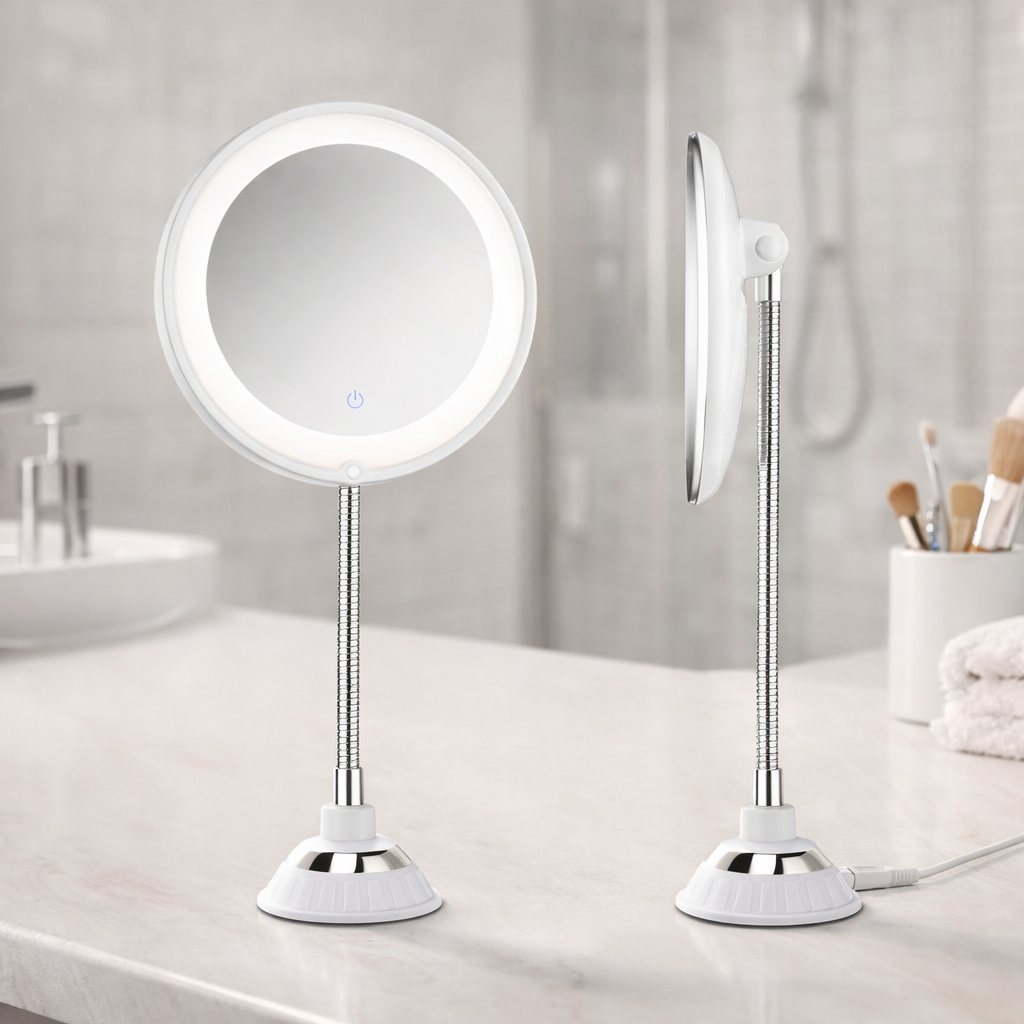 Zvětšovací zrcátko s LED osvětlením 10× — otočné, s flexibilním ramenem