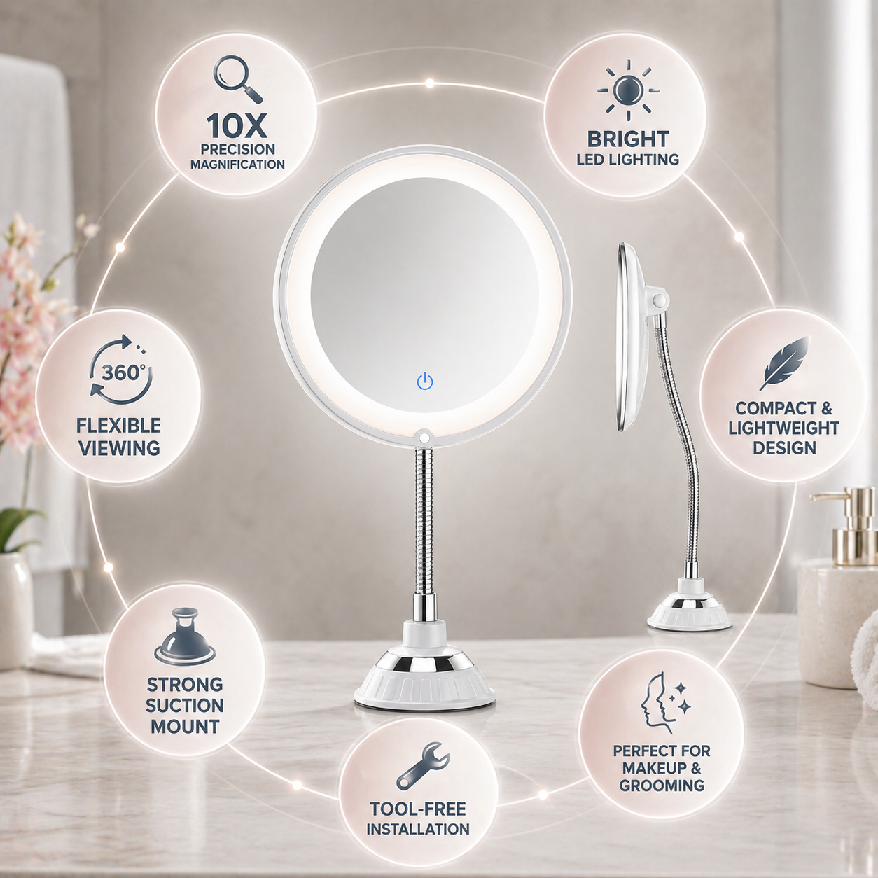 Bathroom Mirror LED Magnifying Mirror Flexible Arm | Meowbutter