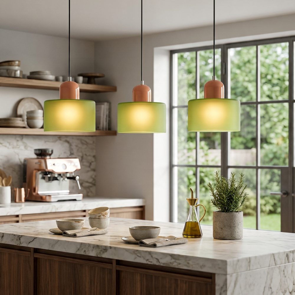 Bauhaus-Pendelleuchte mit verstellbarer Höhe und buntem Glas
