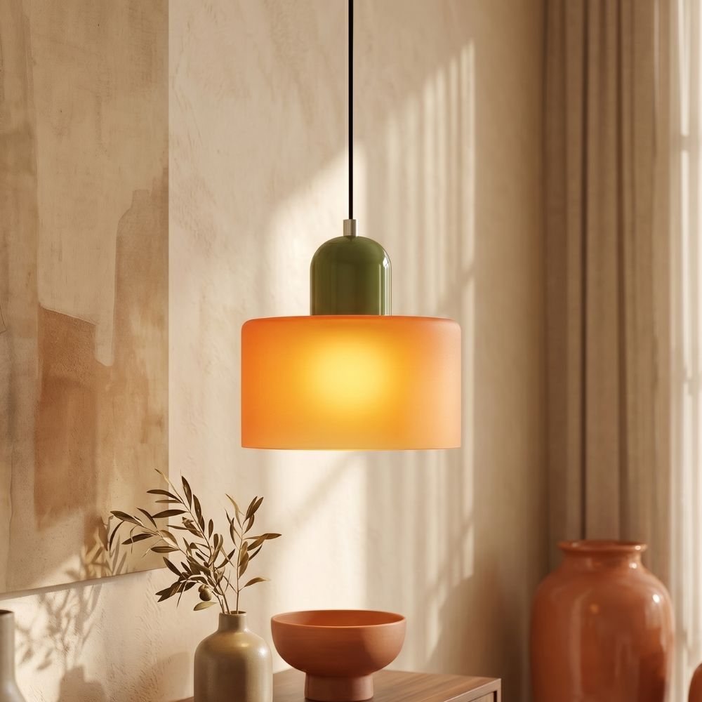 Lámpara colgante estilo Bauhaus con altura ajustable y vidrio colorido