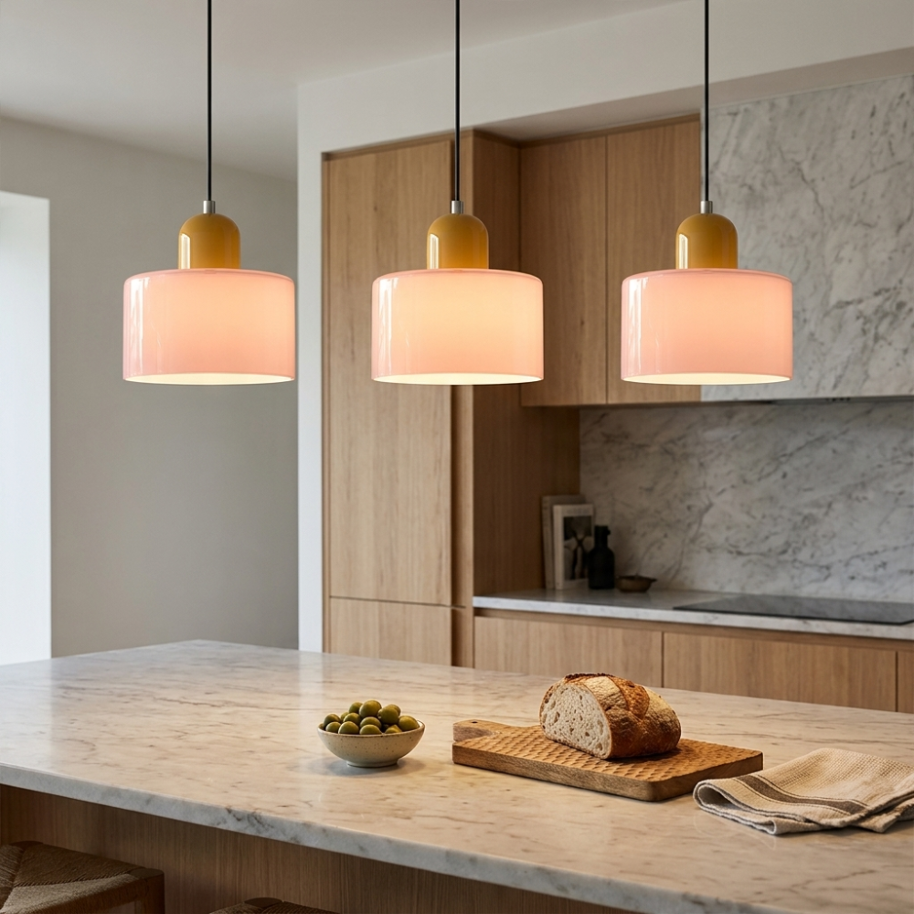 Bauhaus-Pendelleuchte mit verstellbarer Höhe und buntem Glas