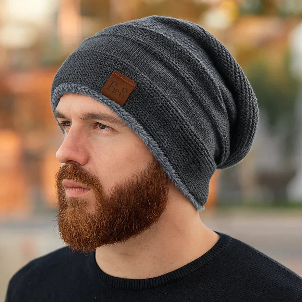 Bonnet en maille souple en acrylique - bonnet d'hiver tricoté doublé en polaire