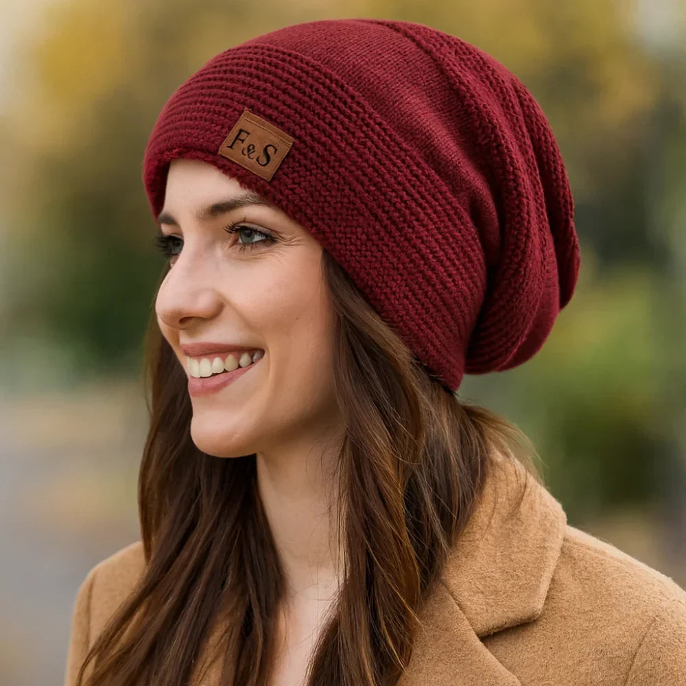 Bonnet en maille souple en acrylique - bonnet d'hiver tricoté doublé en polaire