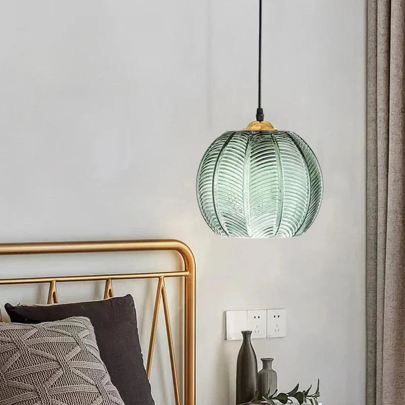 Lampada a sospensione in vetro rigato color zucca | Lampada a sospensione verde retrò | Meowbutter