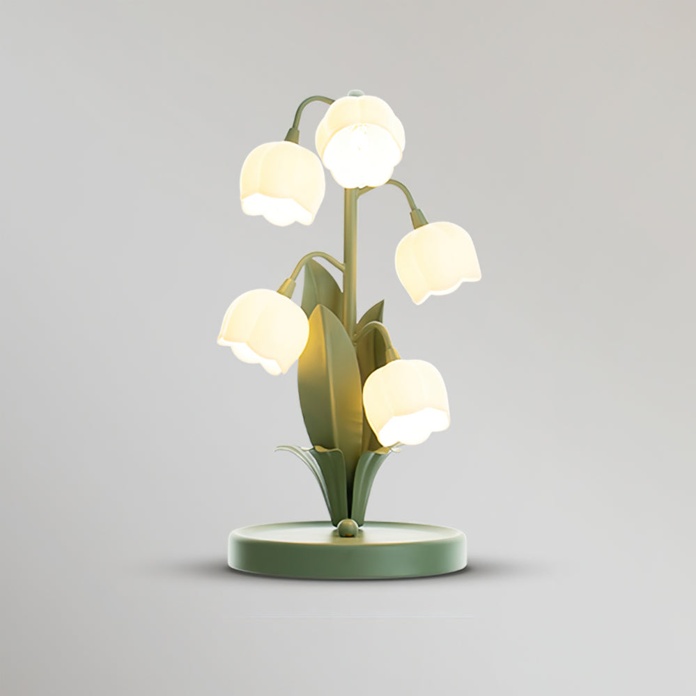 Bell-Orchideen-Tischlampe — floraler Tulpenschirm, Sockel aus Metall und Polycarbonat