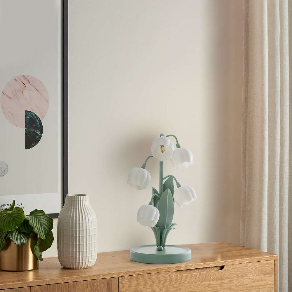 Bell-Orchideen-Tischlampe — floraler Tulpenschirm, Sockel aus Metall und Polycarbonat