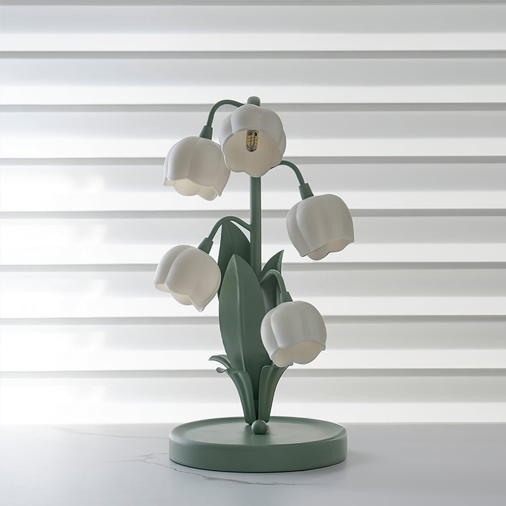 Bell-Orchideen-Tischlampe — floraler Tulpenschirm, Sockel aus Metall und Polycarbonat