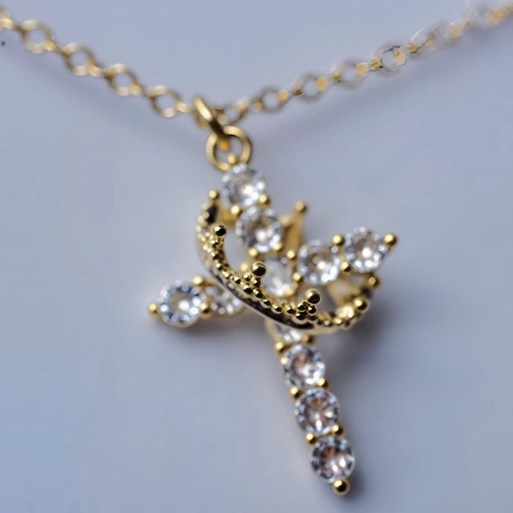 Crown Cross Pendant Necklace — Compact Crown-Top Design, Approximately 20g Weight