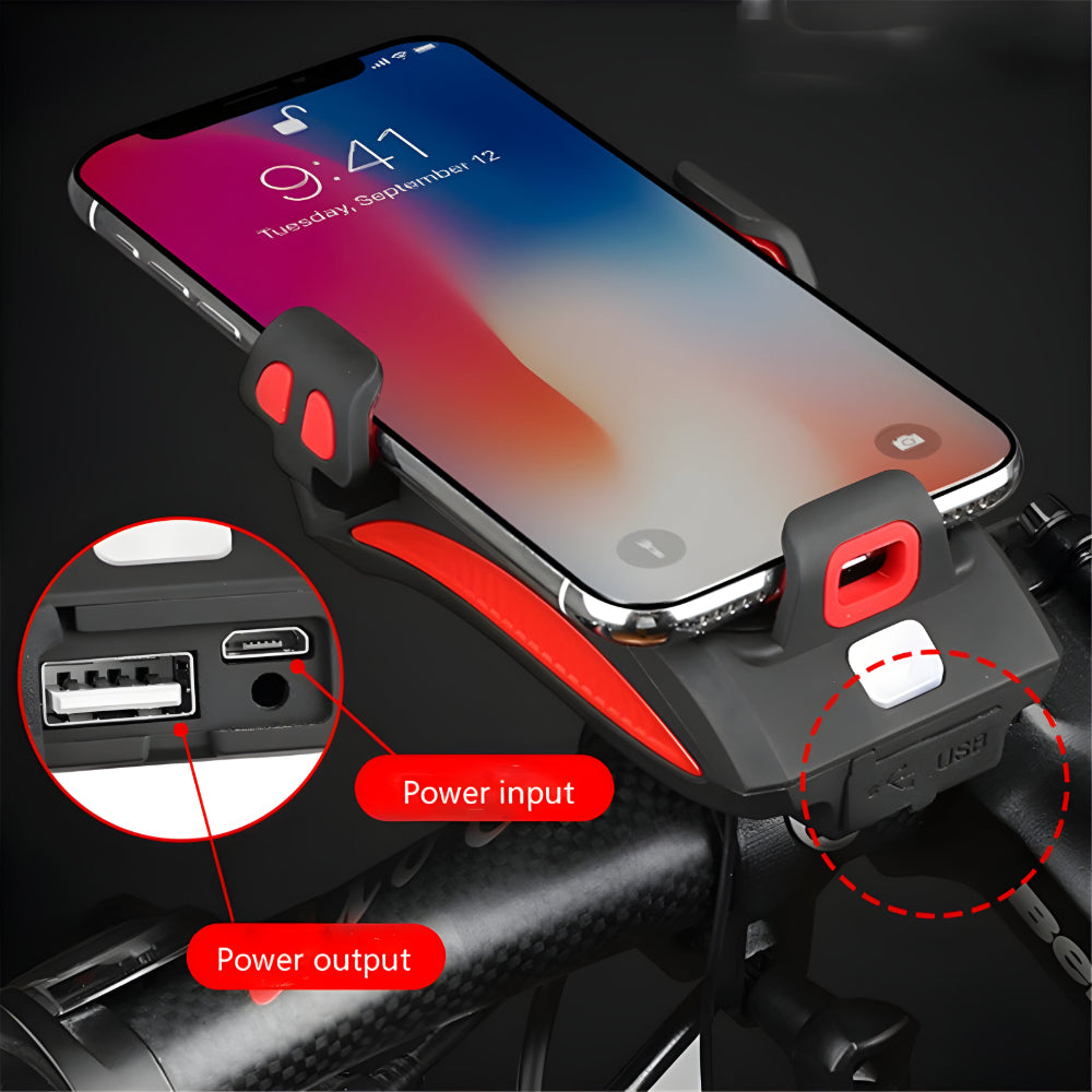 Multifunktionales Fahrradlicht – Lenker-Handyhalterung, laute Hupe, USB-Powerbank