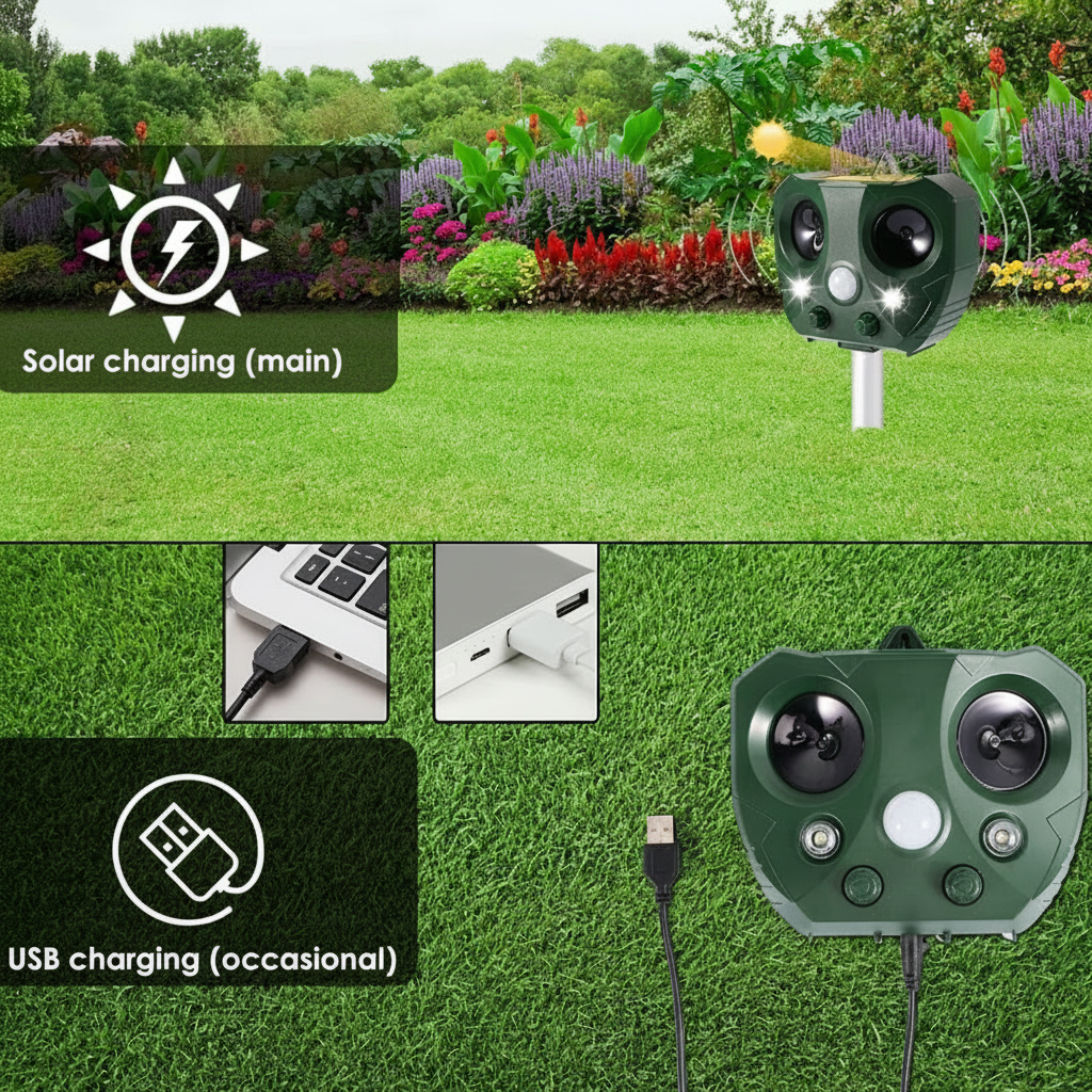 Solar Powered Ultrasonic Bird Deterrent — Alternating Sound and LED Flashes