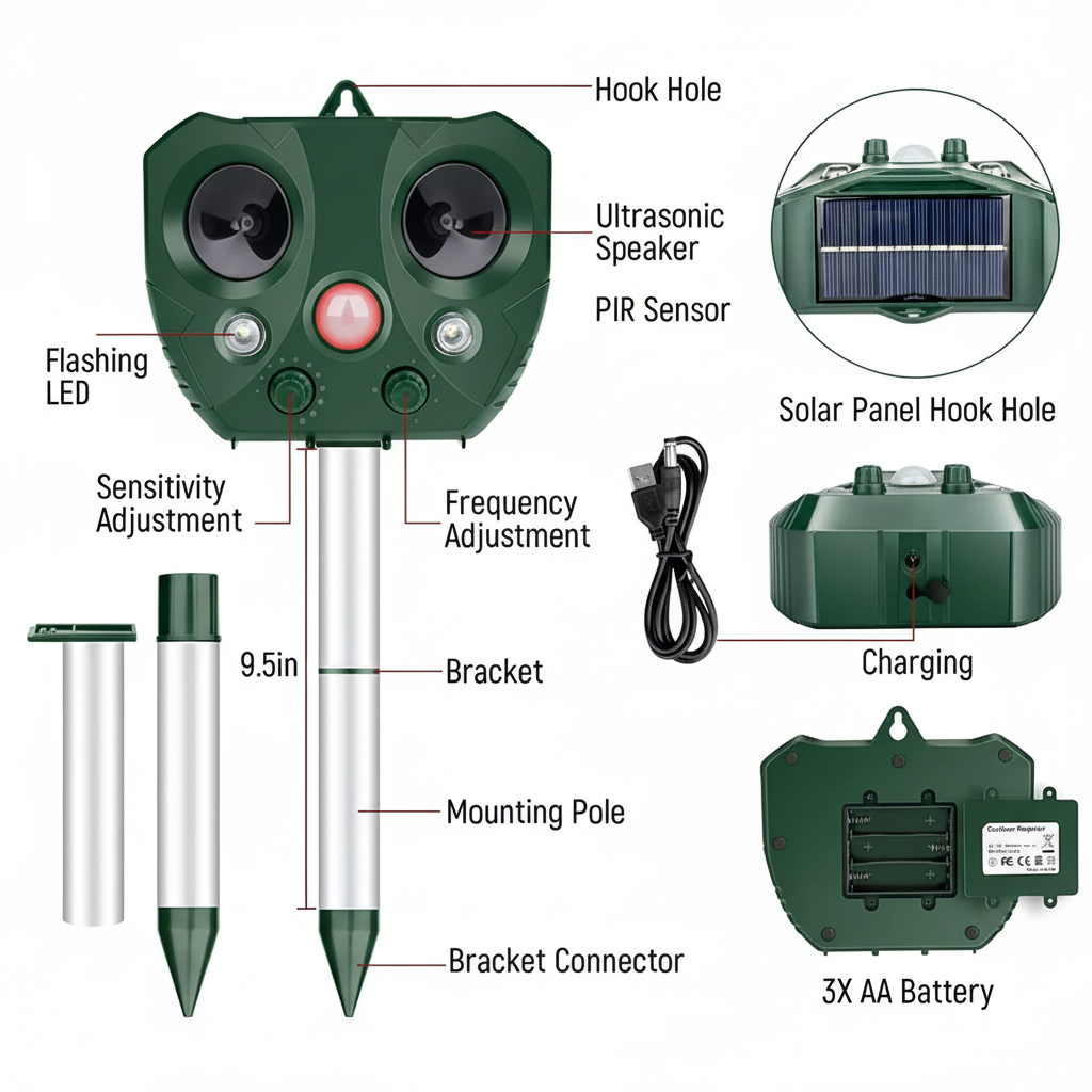Solar Powered Ultrasonic Bird Deterrent — Alternating Sound and LED Flashes