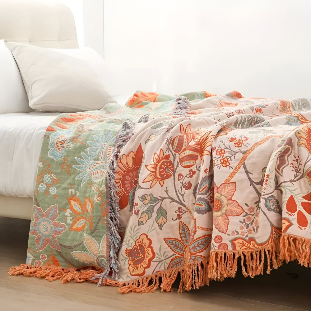 Tæppe med blomsterprint og boheme frynser | Meowbutter