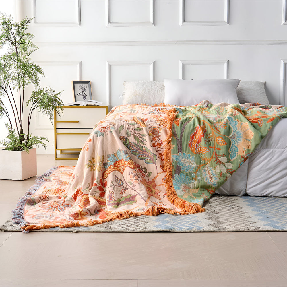 Tæppe med blomsterprint og boheme frynser | Meowbutter