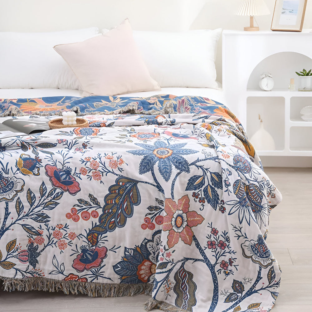 Blanket Throw Floral Reversible Tassel Design | Meowbutter