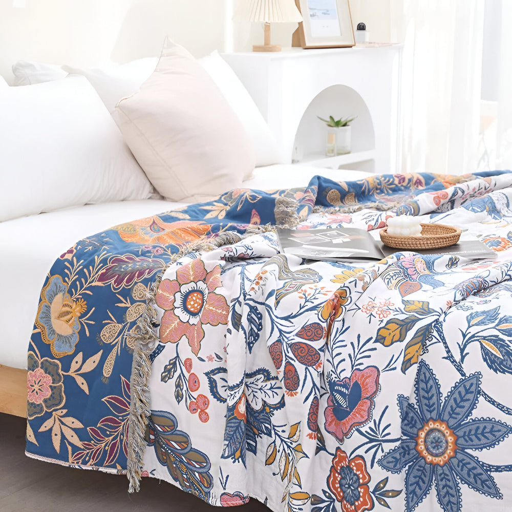 Blanket Throw Floral Reversible Tassel Design | Meowbutter