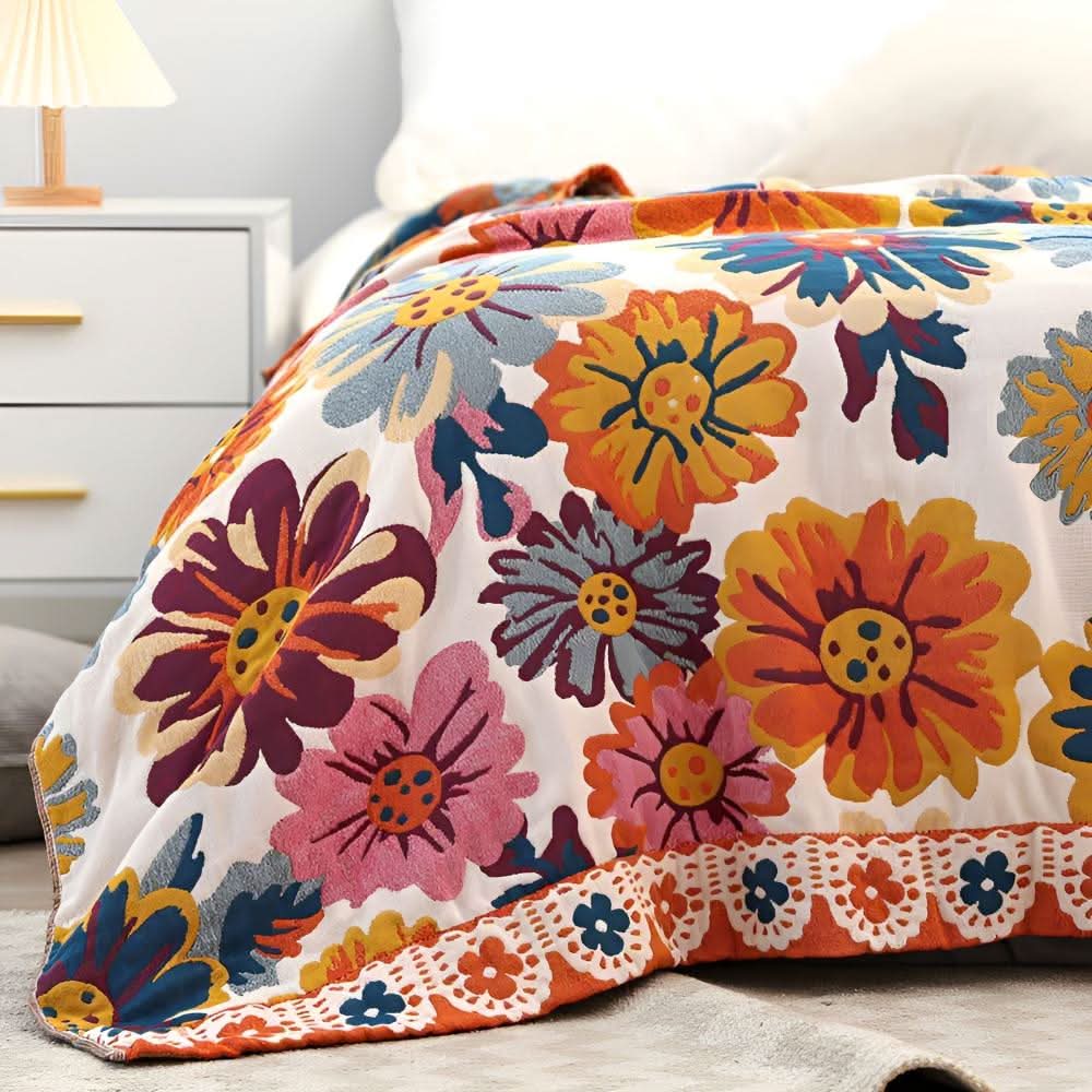 BloomBright 100% Organic Cotton Throw Blanket — Reversible Floral Pattern
