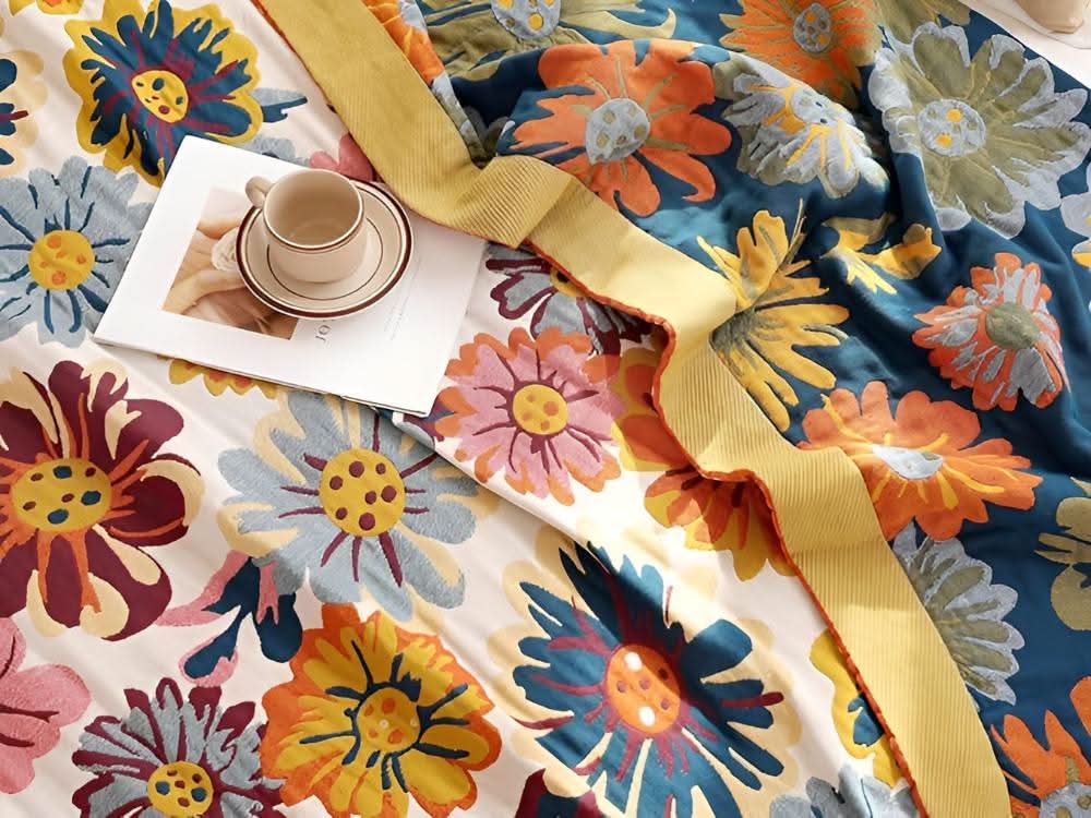 BloomBright 100% Organic Cotton Throw Blanket — Reversible Floral Pattern