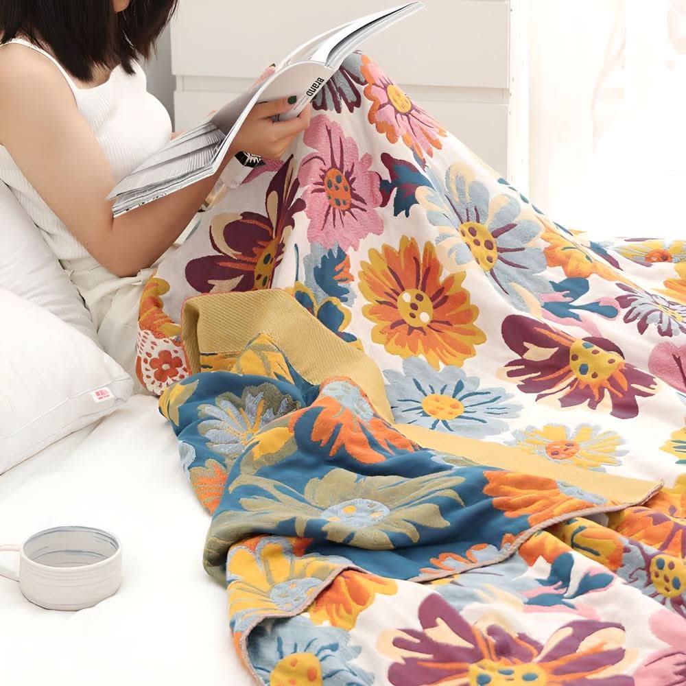 BloomBright 100% Organic Cotton Throw Blanket — Reversible Floral Pattern