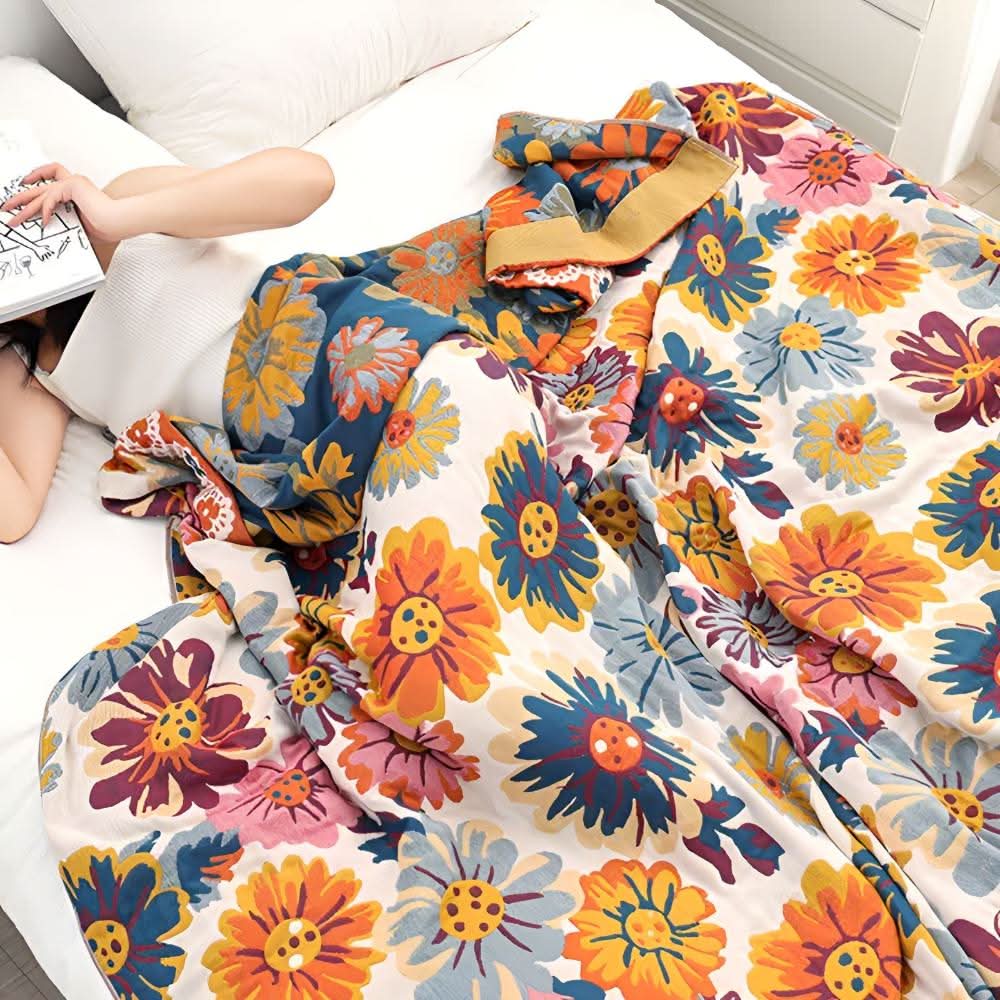 BloomBright 100% Organic Cotton Throw Blanket — Reversible Floral Pattern