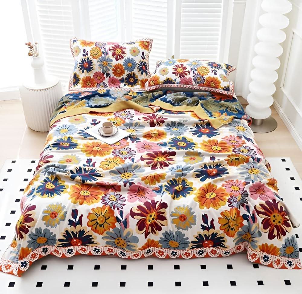 BloomBright 100% Organic Cotton Throw Blanket — Reversible Floral Pattern