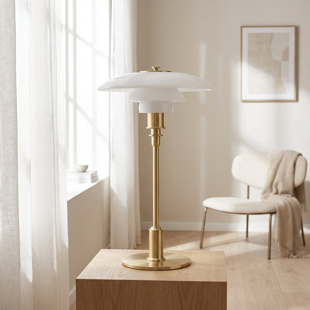 Three Cone Glass Shades Table Lamp With Chrome Frame Danish Inspired