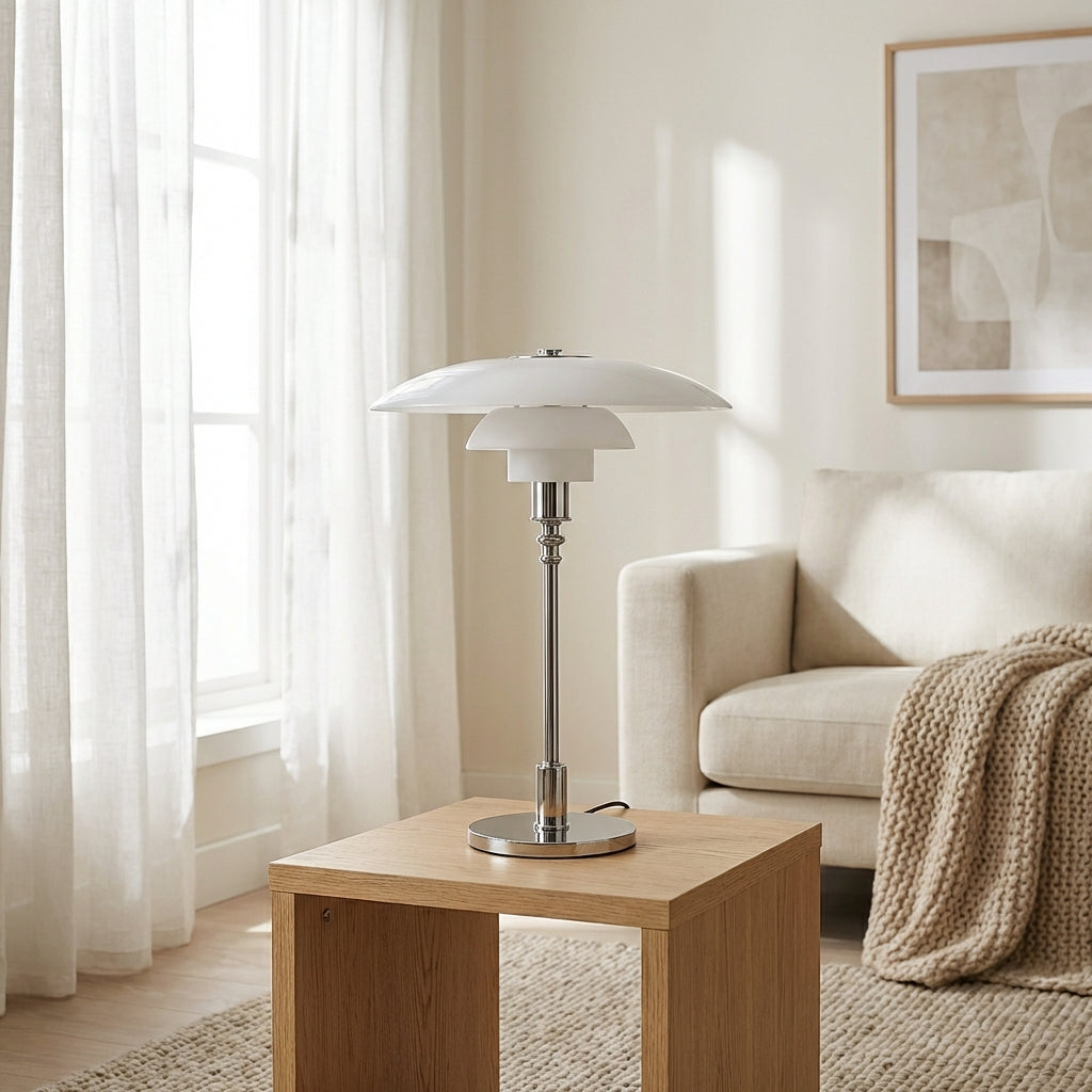 Three Cone Glass Shades Table Lamp With Chrome Frame Danish Inspired
