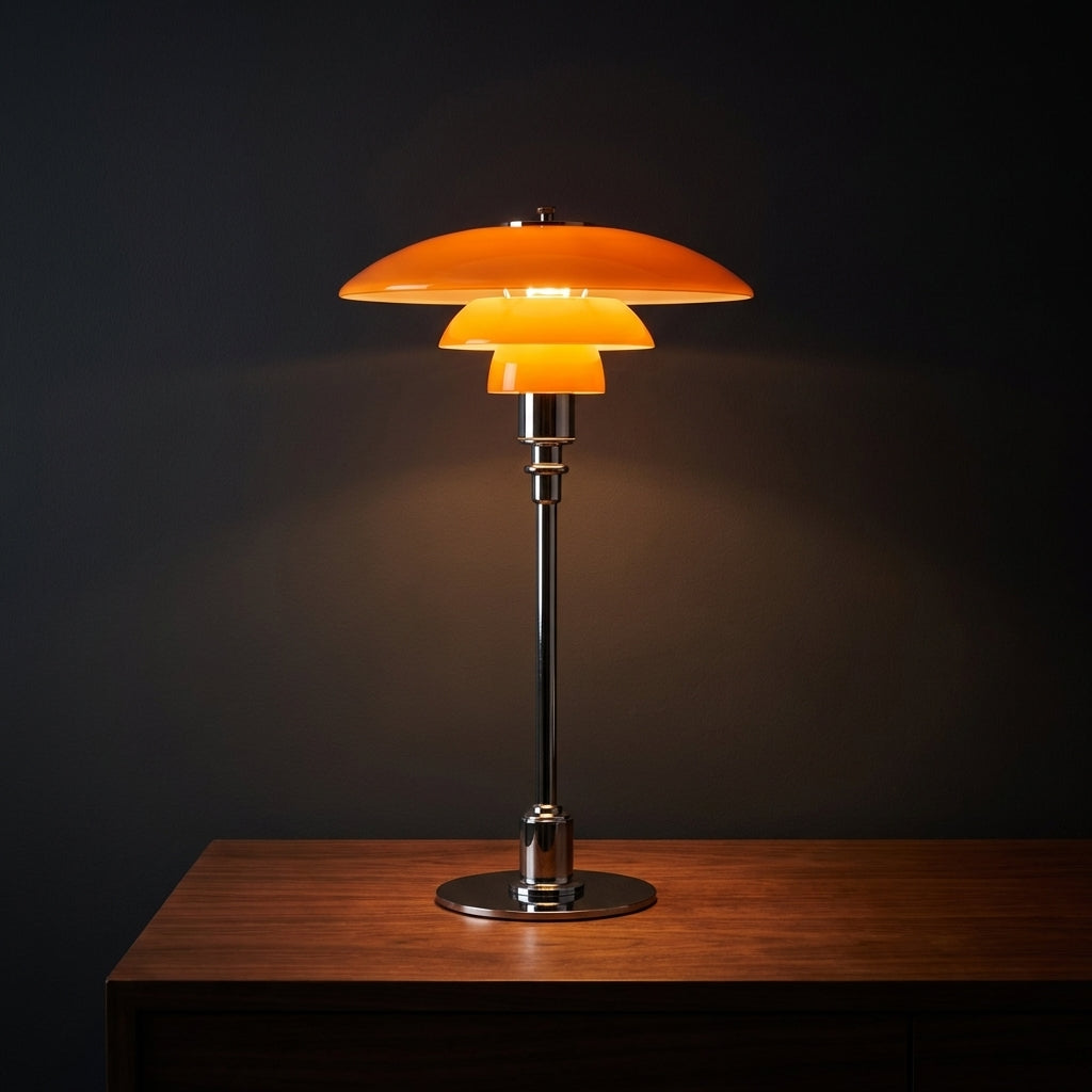 Three Cone Glass Shades Table Lamp With Chrome Frame Danish Inspired