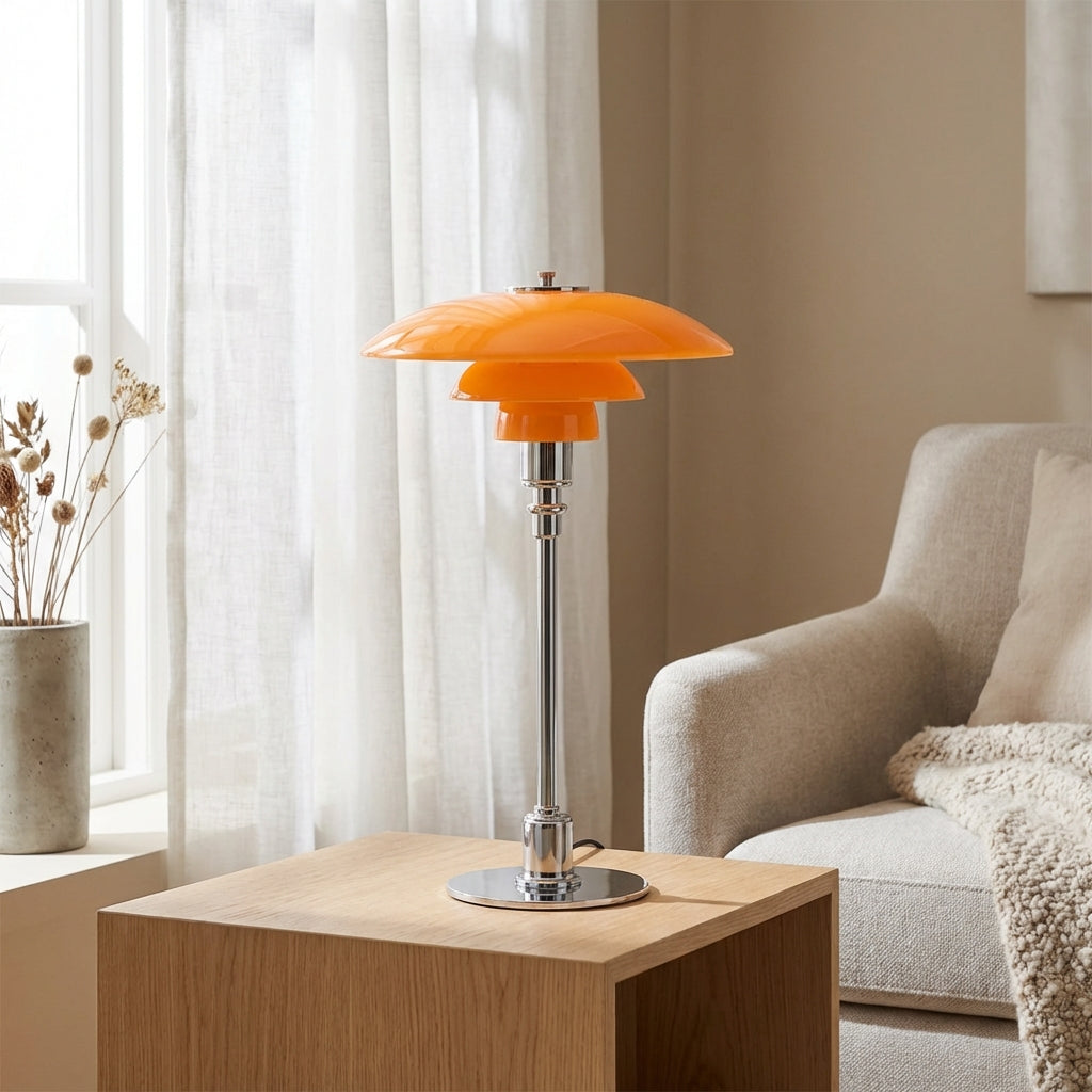 Three Cone Glass Shades Table Lamp With Chrome Frame Danish Inspired
