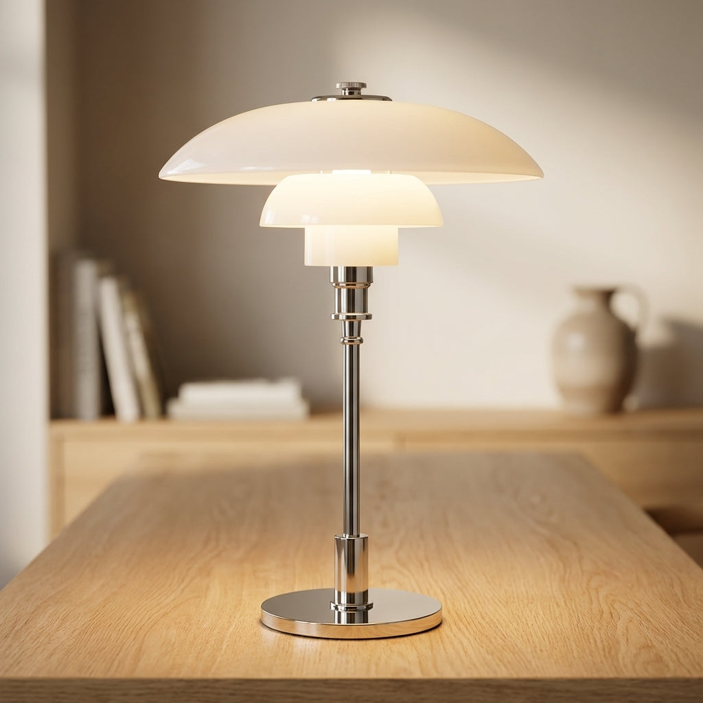 Three Cone Glass Shades Table Lamp With Chrome Frame Danish Inspired