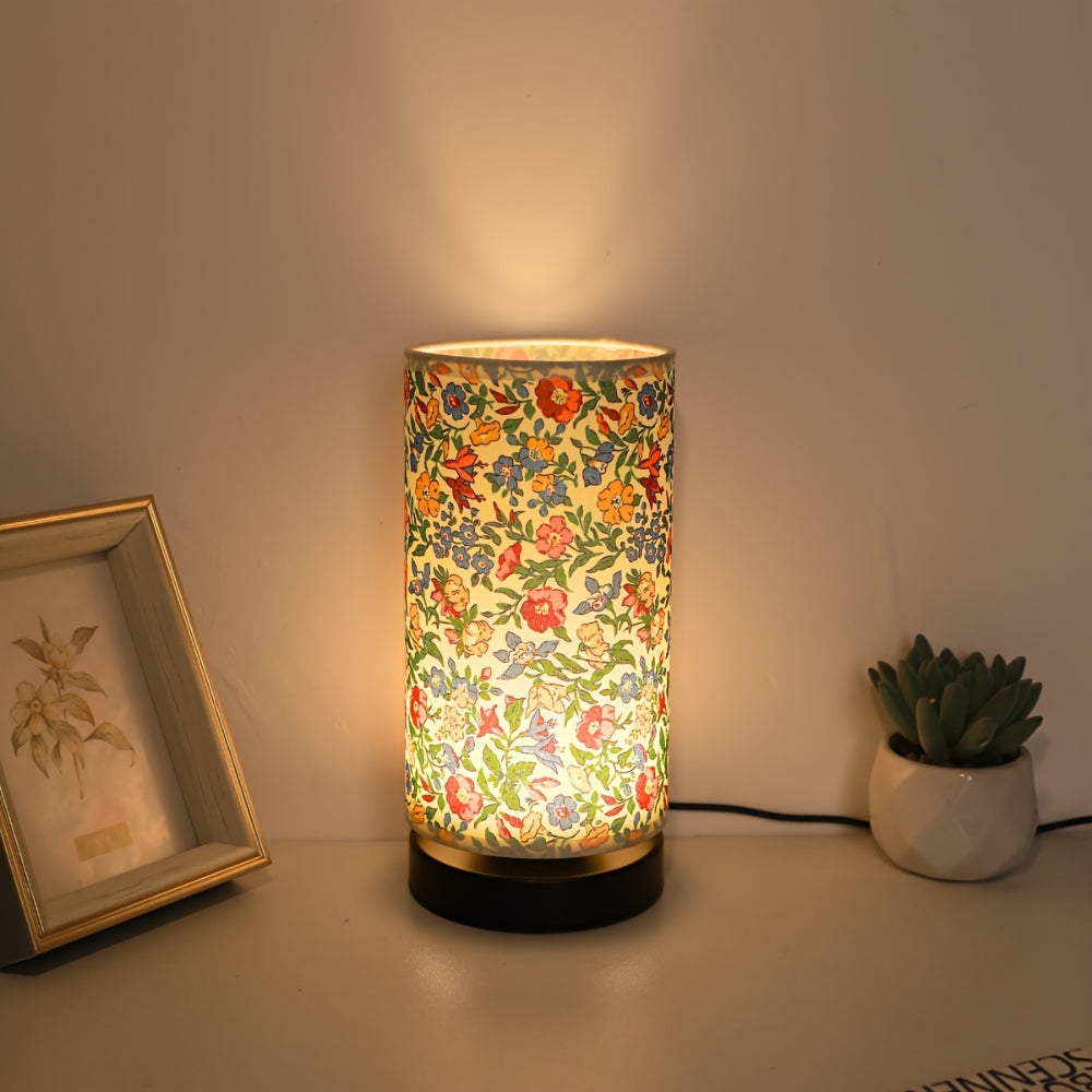 Mehrfarbige botanische Nachttischlampe mit Leinen-Schirm