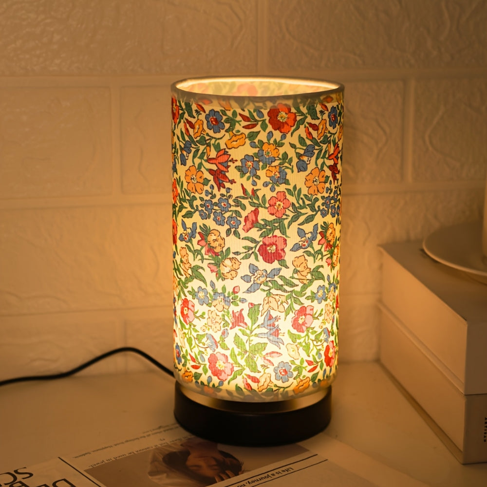 Mehrfarbige botanische Nachttischlampe mit Leinen-Schirm
