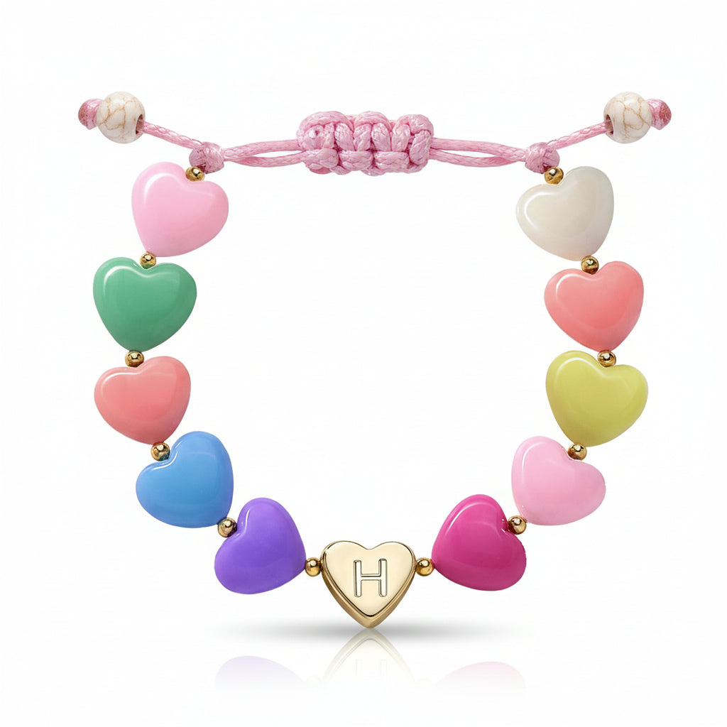 Pulsera de corazón con cuentas ajustable — cordón deslizante y dije personalizado con inicial