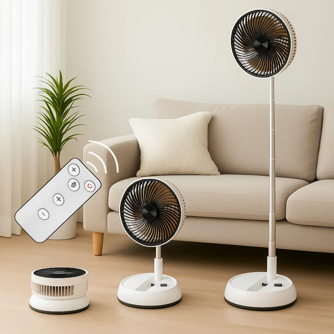 BreezeFold Folding Oscillating Fan — Remote Control, Adjustable Speed, 90° Sweep Motion