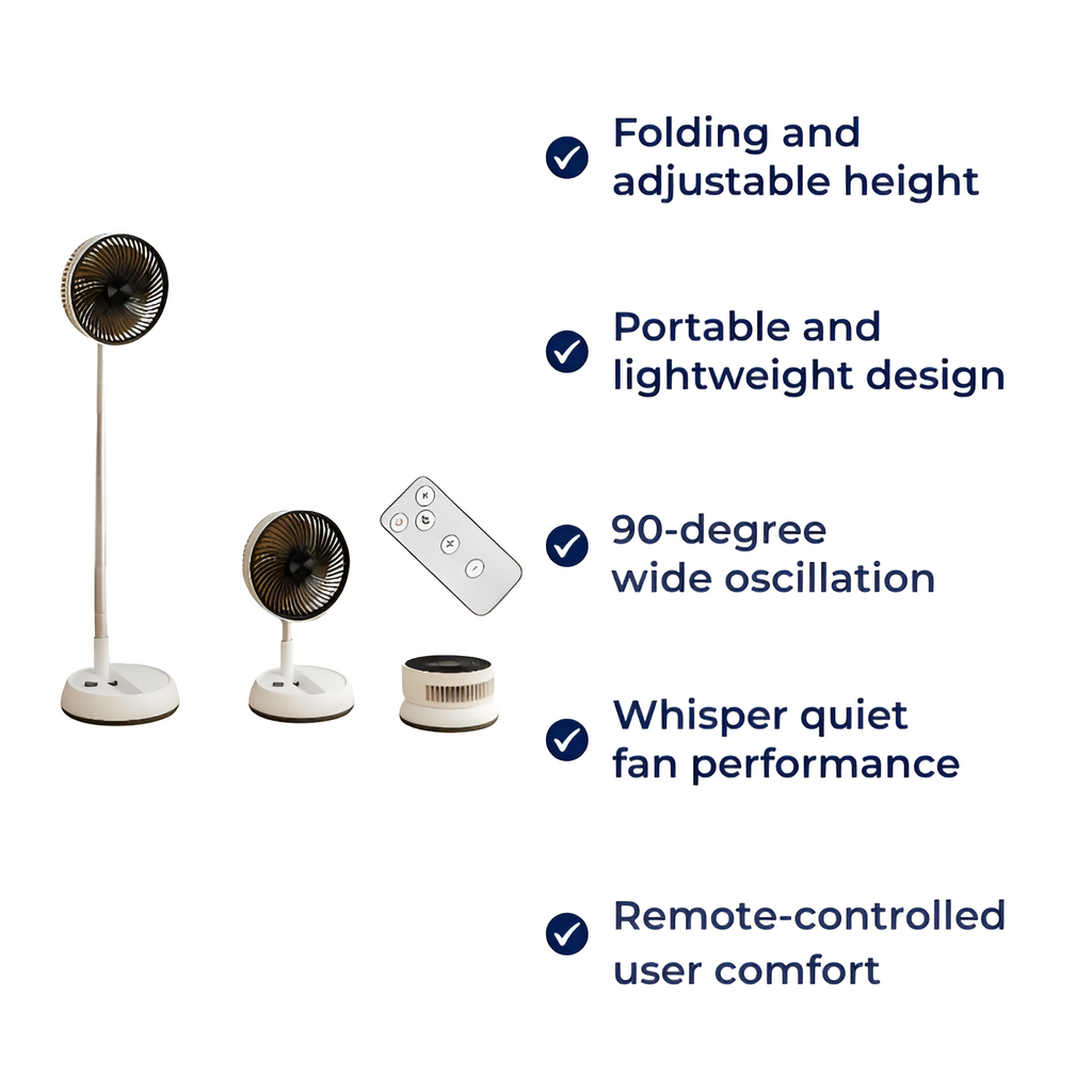 BreezeFold Folding Oscillating Fan — Remote Control, Adjustable Speed, 90° Sweep Motion