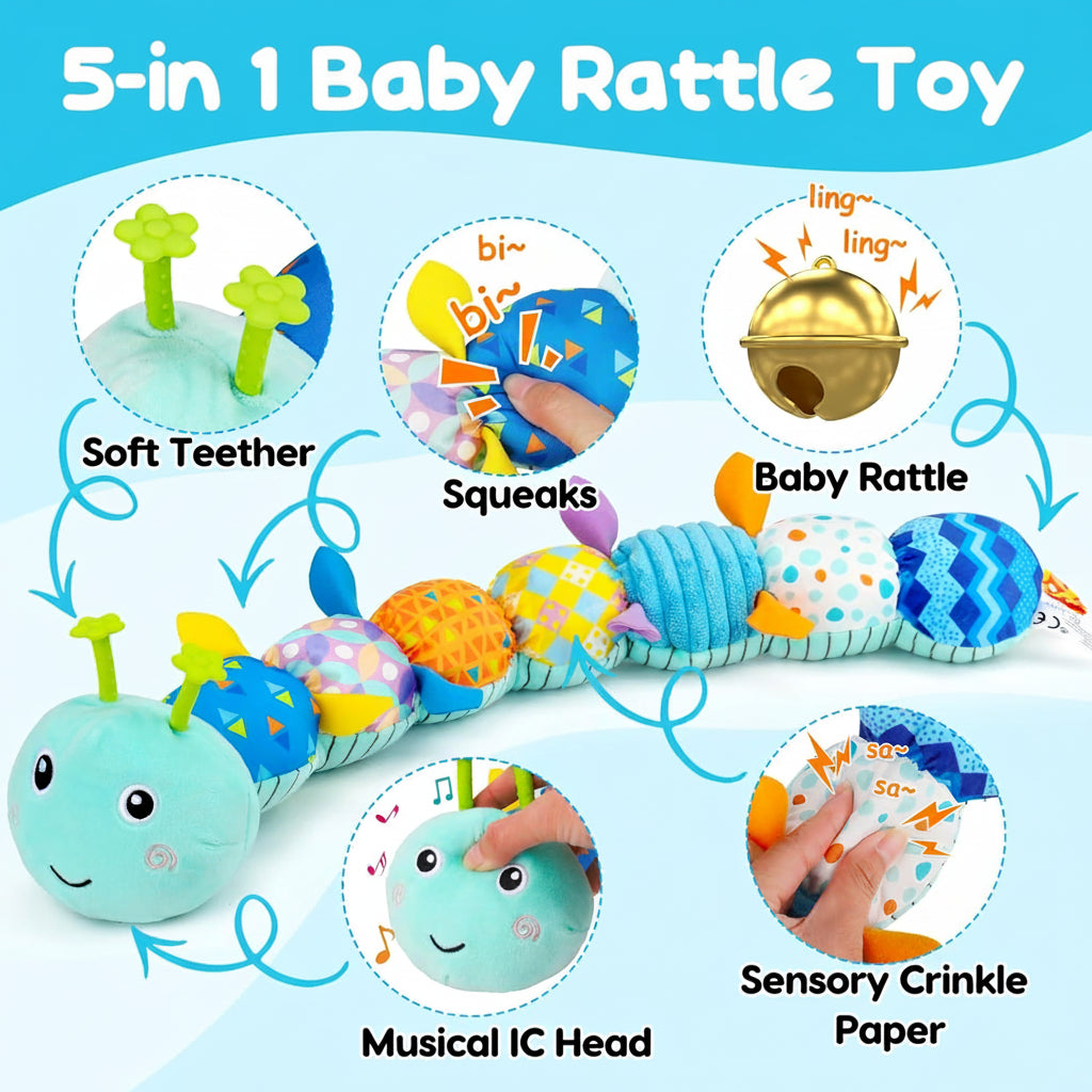 Musical Caterpillar Plush Toy — Soft Elongated Body, Varied Textures, Vibrant Colors
